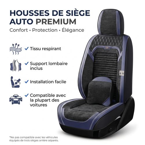Housse de Siège Auto Universelle Premium en Tissu Respirant avec Coussin Lombaire – Noir/Bleu – Compatible avec la Majorité des Voitures
