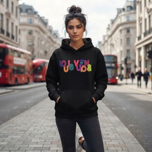 Hoodie noir à capuche, 1 pièce, imprimé typographique multicolore sur le devant, style sport casual streetwear tendance