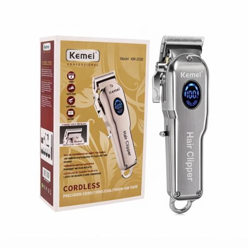 KM-2002 Tondeuse à Cheveux Professionnelle Sans Fil – Corps Métal, Écran LED, 4 Sabots – Argent