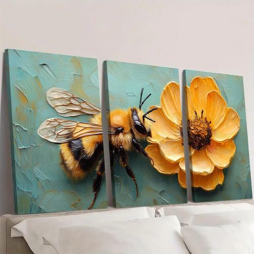 Tableau Mural Art Abeille Mielleuse et Fleur Jaune, Peinture à l'Huile Relief Impasto Triptyque 3 Pièces 60 x 40 cm - Toile Canvas HD sur Châssis Bois