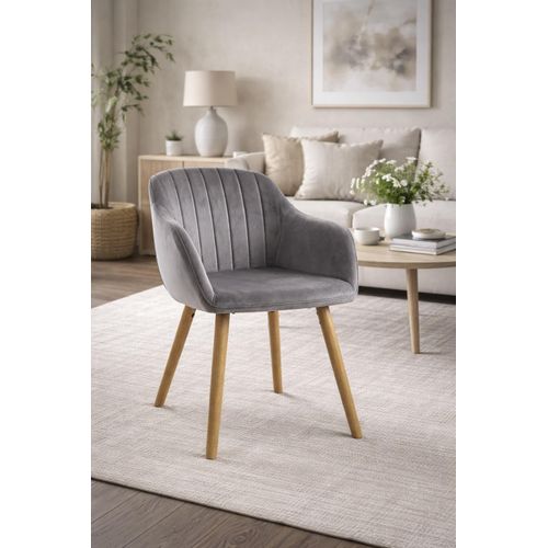 Fauteuil Design Scandinave Velours Gris Naturel Confortable Accoudoirs Bois Massif Salon Salle à Manger 59x82cm