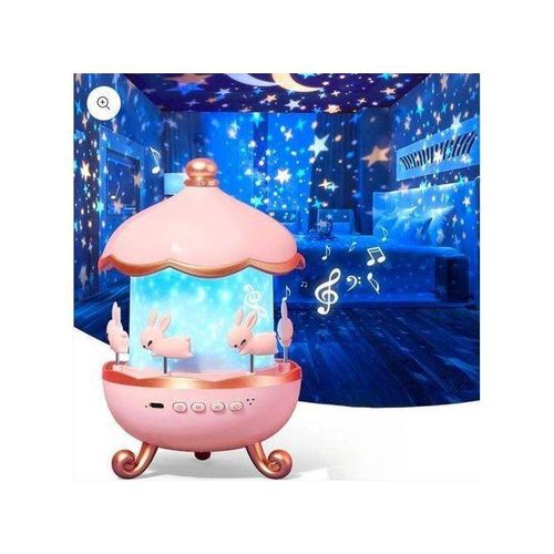 Veilleuse Projecteur Carrousel Lapin LED Lampe de Nuit Étoilée Rotative avec Connexion Bluetooth Haut-Parleur Télécommande et Batterie Rechargeable Sans Fil Éclairage Multicolore pour Chambre d Enfant Bébé et Table de Chevet Ambiance Féerique