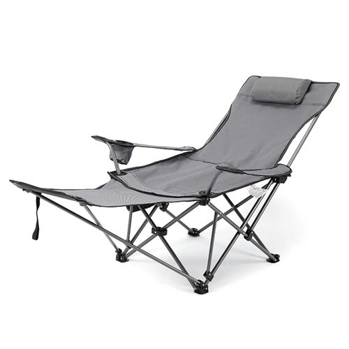 Chaise de camping convertible en lit avec accoudoirs et repose-pieds, idéale pour le plein - Gris