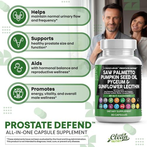 Huile de palmier nain, huile de pépins de courge, pygeum, lécithine de tournesol, ortie, canneberge - Compléments alimentaires pour la prostate chez l'homme avec lycopène - 90 gélules