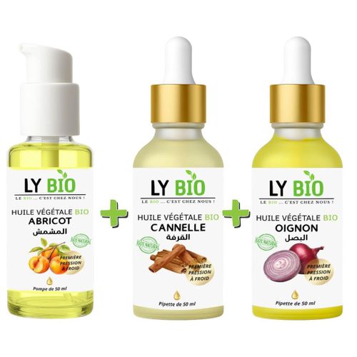 PACK HUILE ABRICOT 50ML - POMPE + HUILE CANNELLE 50ML - PIPETTE + HUILE OIGNON 50ML - PIPETTE