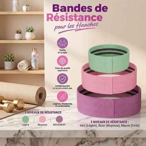 Bandes d'Élastique de Résistance en Tissu pour Fitness - Sangles d'Entraînement Anti-Glisse pour Fessiers, Cuisses et Musculation