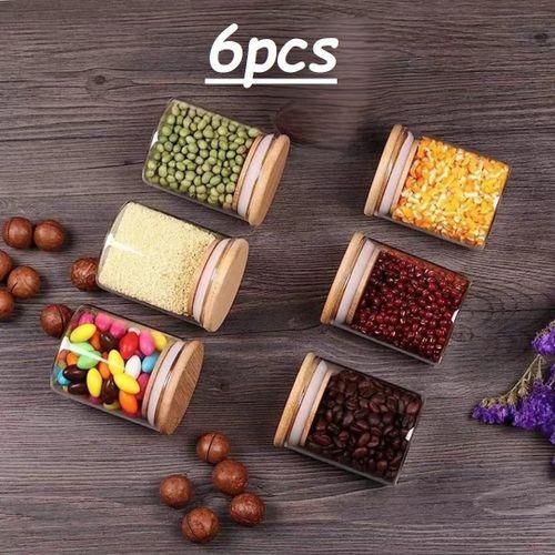 Set de 6 Bocaux en Verre Hermtiques Couvercle Bambou Naturel Design Moderne