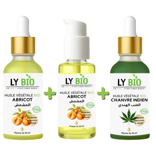 LYBIO عبوة زيت المشمش 50 مل - ماصة + زيت المشمش 50 مل - مضخة + زيت مرطب ومغذي 50 مل - ماصة
