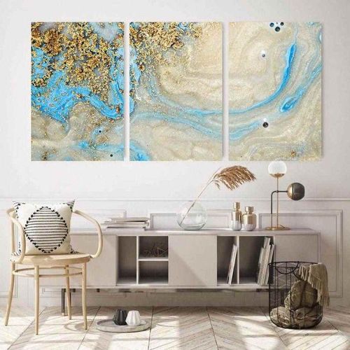 Triptyque d'Art Abstrait Marbre Bleu et Or – Set de 3 Tableaux Décoratifs Muraux Modernes