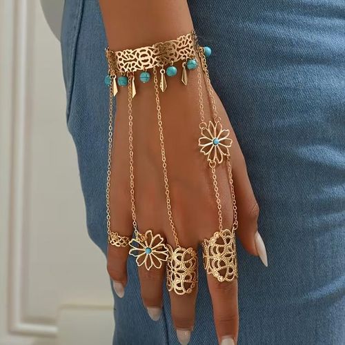 Bracelet de Main Bohème Femme avec Bagues Reliées – Bijou Doré Vintage à Perles Turquoise et Motif Fleur