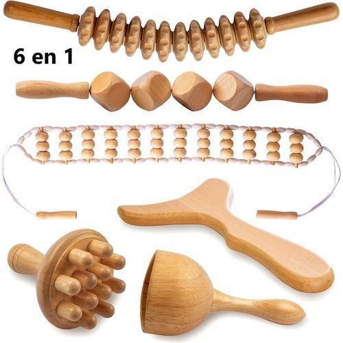 Outils de massage thérapeutiques en bois 6 en 1, kit de thérapie au bois, ensemble de thérapie au bois, masseur de drainage lymphatique, outils en bois, rouleau de massage en bois pour la mise en forme du corps anti-cellulite