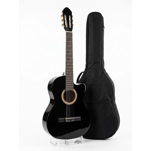 Guitare Classique 4/4 Acoustique Épanouie - Fini Noir Brillante avec Pan Coupé, Housse de Transport et Médiateur