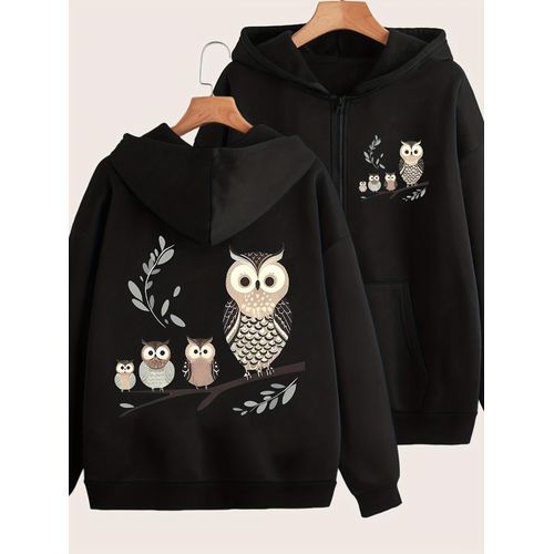 Sweat à capuche imprimé double face motif hibou cartoon - Style décontracté Y2K avec fermeture éclair - Veste à capuche zippée tendance et confortable avec poches - Vêtement de sport décontracté pour les saisons printemps, automne et hiver - Veste décon