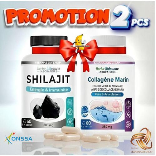 2x Bottel de Complément de collagène marin + Shilajit -Capsules de peptides de collagène marin de qualité supérieure de type I avec supplément anti-âge à l'acide hyaluronique et à la vitamine C