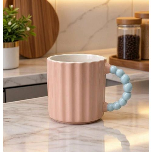 Mug en Céramique Design Cannelé avec Anse Perles – 350 ml – Tasse Élégante pour Café, Thé et Boissons Chaudes