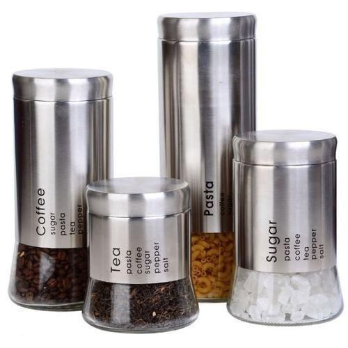 Kit de 4 Bocaux en Verre Ronds avec Couvercles en Acier Inoxydable pour Aliments