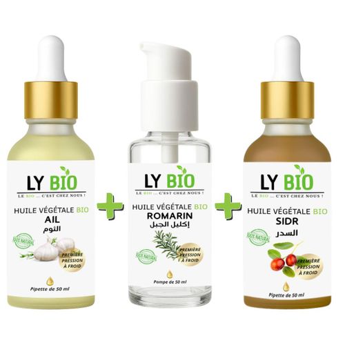 PACK HUILE AIL 50ML - PIPETTE + HUILE ROMARIN 50ml - POMPE + HUILE SIDR 50ML - PIPETTE