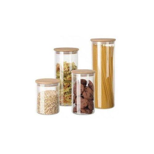 Distributeur d'épices en verre avec couvercle en bambou, 4 Bocaux alimentaires Récipients de conservation des aliments en verre avec couvercle