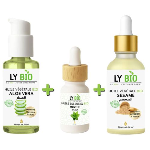 PACK HUILE ALOE VERA 50ml - POMPE HUILE ESSENTIEL MENTHE 10ML HUILE SESAME 50ml - PIPETTE