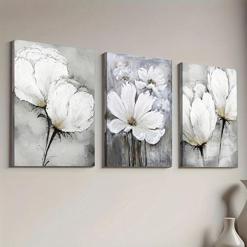 Tableau mural lot de 3 fleurs blanches sur fond gris, style peinture abstraite élégant pour salon et chambre