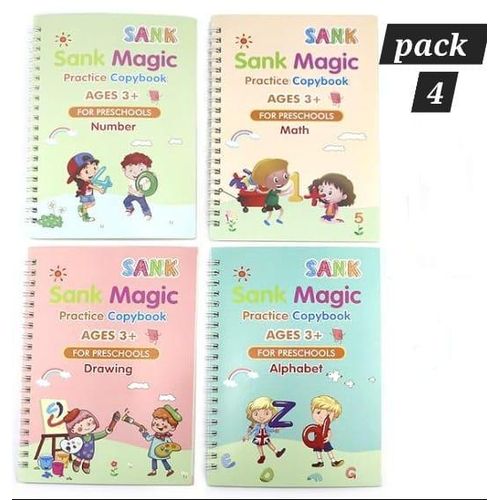 Pack Éducatif 4 Cahiers d’Écriture Magique – Calligraphie Réutilisable pour Enfants – Grand Format