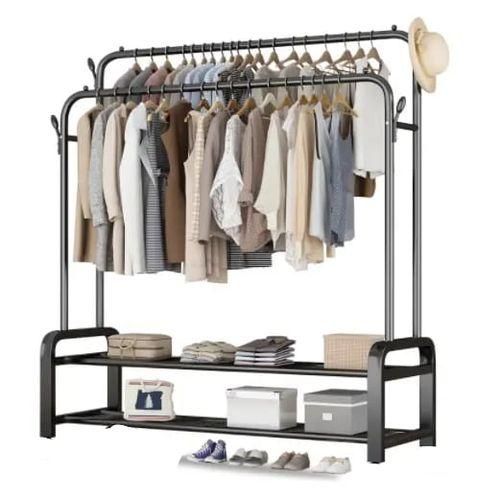 Porte-vêtements à Double pôle, Porte-manteau au sol Avec Roues, 4 crochets et 2 étagères