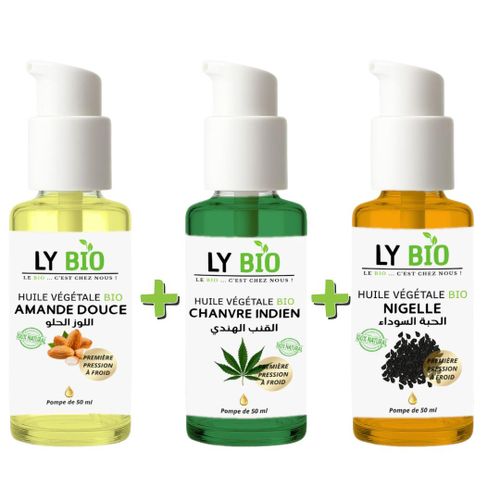 PACK HUILE AMANDE DOUCE 50ml - POMPE + HUILE HYDRATANTE & NUTRITIVE 50ML - POMPE + HUILE NIGELLE 50ML - POMPE