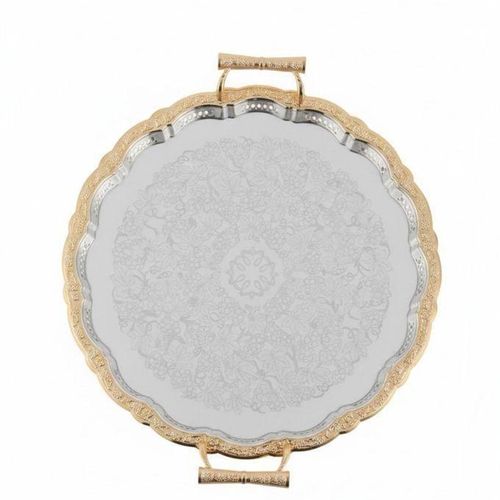 Plateau de Service Rond en Acier Inoxydable avec Poignées Dorées Design Élégant