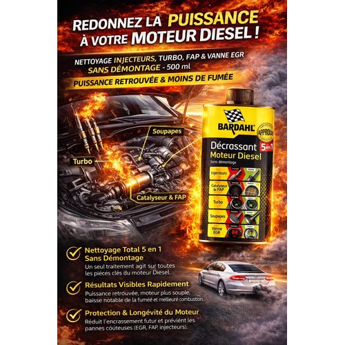 Décrassant Moteur Diesel 5 en 1 – Nettoyage Injecteurs, Turbo, FAP & Vanne EGR Sans Démontage – 500 ml Puissance Retrouvée & Moins de Fumée