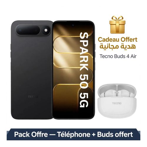 Spark 50 5G+ NFC - 6,7'' (128Go / RAM 6GB jusqu'à 18 Go) Mediatek Dimensity 6400 5G+ (6 nm) - 6500MAh/45W + Buds 4 Air - INK Black
