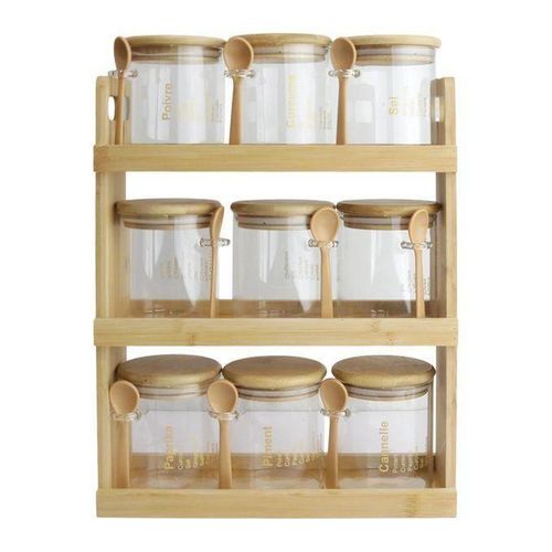 Ensemble d'épices en verre avec support en bois – 9 pots élégants