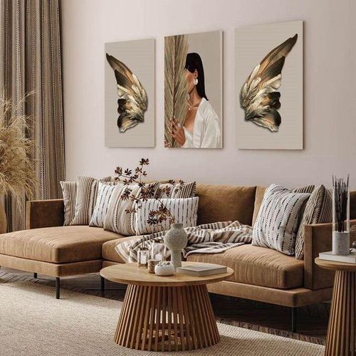 Tableau Triptyque Femme aux Ailes de Papillon Dorées, Déco Murale Bohème en 3 Pièces Tons Beige et Or