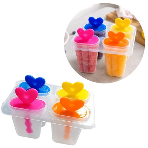 Moule à Glaces 4 Compartiments avec Poignées Cœur – Kit Réutilisable pour Sucettes Glacées Maison Multicolore