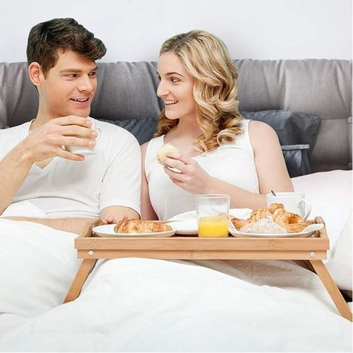 Grande table de lit en bambou avec pieds pliants 2 poignées plateaux de petit-déjeuner