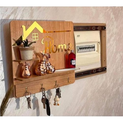 Porte clés mural en bois avec étagères, cache compteur électrique décoratif, organiseur d’entrée multifonction