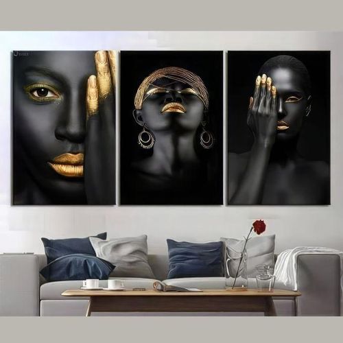 Set de 3 Tableaux Muraux Art Africain Femme Noire et Or – Décoration Murale Moderne
