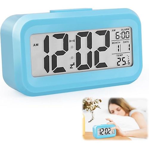 Réveil à affichage numérique avec rétroéclairage et mode veille intelligent, date et température, Bleu