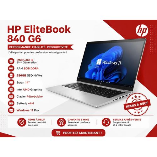 Ordinateur portable EliteBook 840 G6 Intel Core i5 i5-8365U Ram 8 Go DDR4-SDRAM Disque dur 256 Go SSD Remis a Neuf