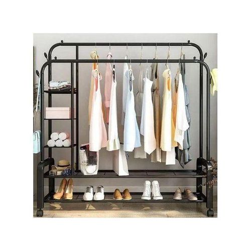 Porte-vêtements à Double pôle, Porte-manteau au sol Avec Roues, 4 crochets et Multi étagères