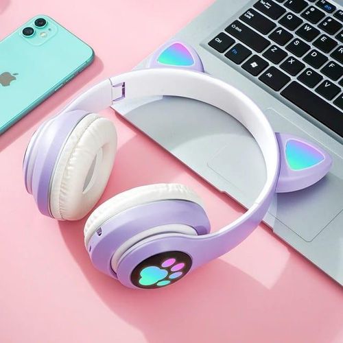 Casque sans fil, casque Bluetooth pliable avec oreilles de chat pour enfants, casque stéréo réglable avec microphone