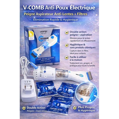 V-COMB Anti-Poux Électrique – Peigne Aspirateur Anti-Lentes + Filtres de Capture – Traitement Rapide & Hygiénique