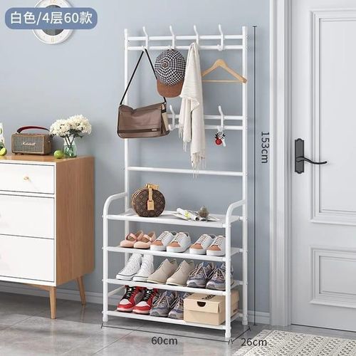 Organize Porte Manteau sur Pieds - Vestiaire avec 4 Étagères de Rangement a Chaussures - Meuble Entree en Acier avec 8 Crochets, pour Manteaux, Chapeaux, Sacs