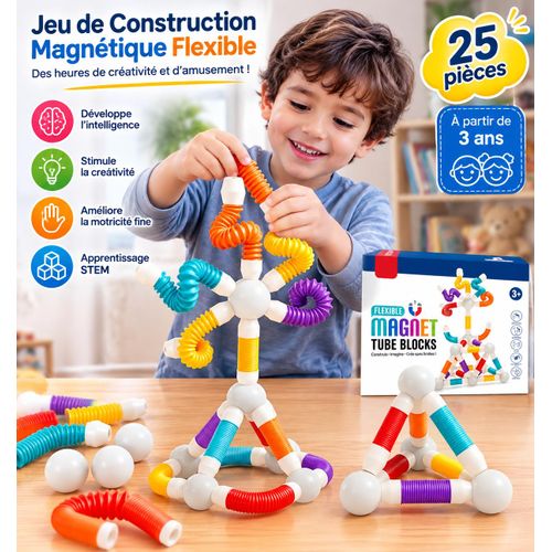 Jeu de Construction Magnétique Flexible 25 Pièces – Blocs Tubes STEM pour Enfants dès 3 Ans
