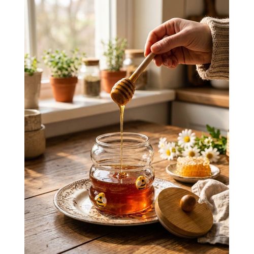 Pot à Miel en verre avec Couvercle et Cuillère en Bois – Service et Décoration de Cuisine