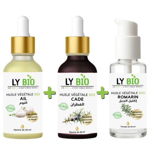 PACK HUILE AIL 50ML - PIPETTE + HUILE CADE 50ML - PIPETTE + HUILE ROMARIN 50ml - POMPE