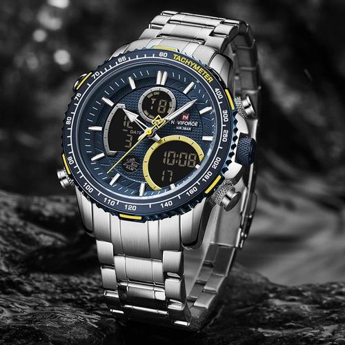 Montre Sport Homme Double Affichage Analogique et Digital Écran LED Cadran Bleu Touches Jaunes – Collection Signature