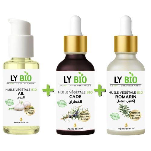 PACK HUILE AIL 50ML - POMPE + HUILE CADE 50ML - PIPETTE + HUILE ROMARIN 50ml - PIPETTE