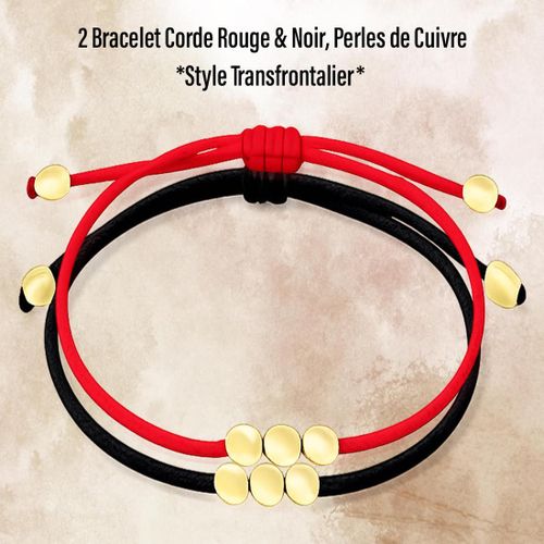 2 Bracelets Bohèmes Noir et Rouge avec Perles de Cuivre *Style Bohème Corde Créatif* Tressage Irrégulier Main, Pompon à Cordon Coulissant, Nickel-Free, Anti-Oxydation, Ultra Résistants, Unisexe-Idéal Cadeau.