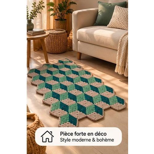 Tapis Fait Main 100% Pure Laine Motif 3D Hexagonal (110 x 70 cm) – Vert Sauge, Canard & Beige
