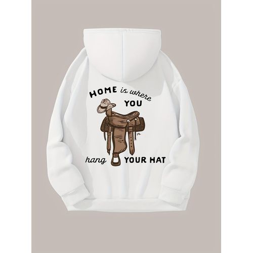 Sweat à Capuche Imprimé Lettres de Cowboy Occidental, Sweat à Capuche Incarnant pour Filles, Pull Décontracté Régulier, Sweat à Capuche Chic Plage Quatre Saisons, Design Doux en Polyester Légèrement Extensible à Manches Longues - La Robe Parfaite pour l